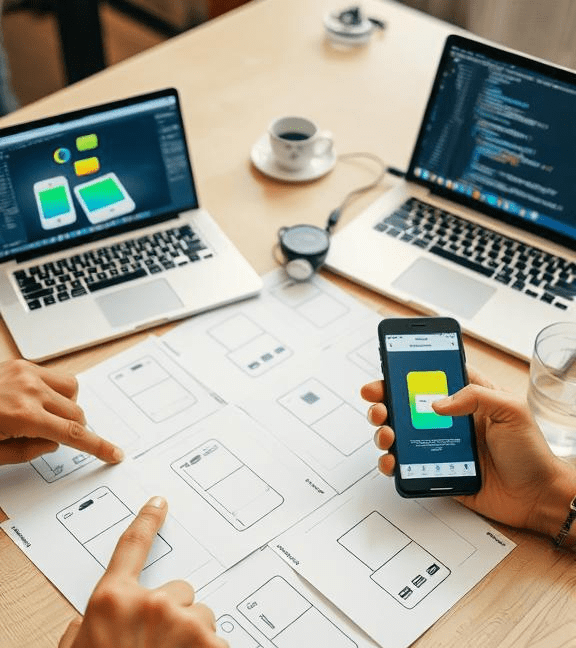 Web & Mobile App Development – UI/UX Wireframing & Prototyping "A developer creating wireframes for a mobile app, testing UI/UX design on a smartphone, with a laptop displaying app development code in the background.